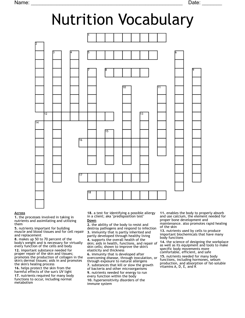 Nutrition Vocabulary Crossword