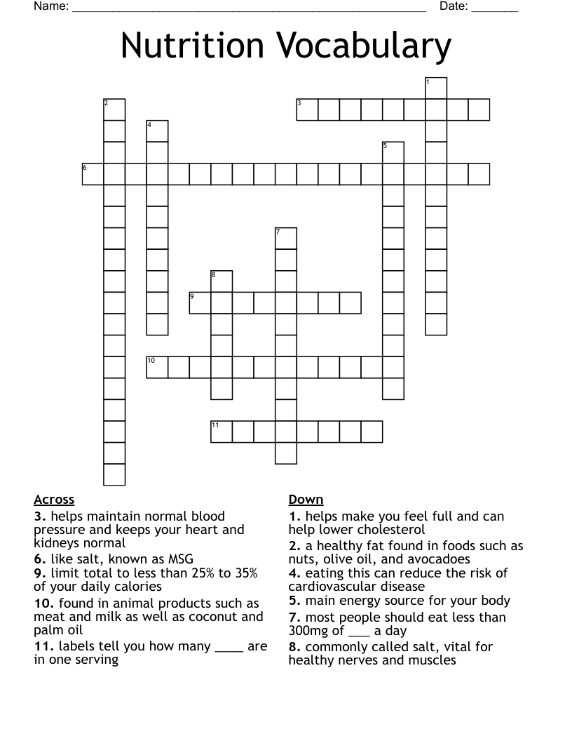 Nutrition Vocabulary Crossword