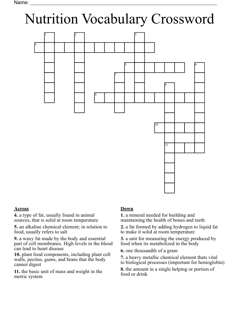 Nutrition Vocabulary Crossword