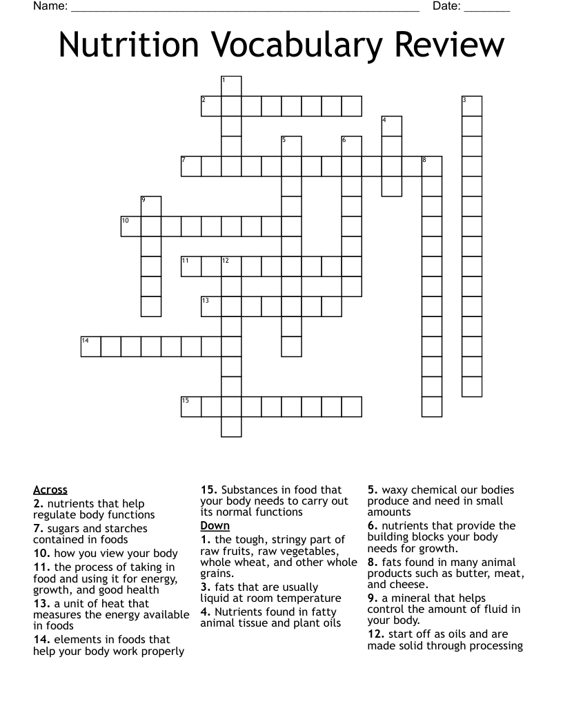 Nutrition Vocabulary Review Crossword