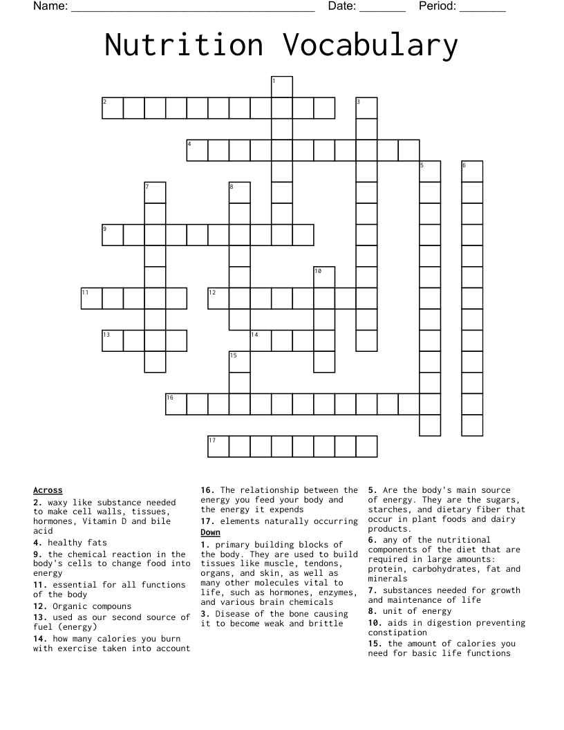Nutrition Vocabulary  Crossword
