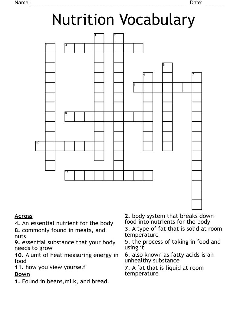 Nutrition Vocabulary  Crossword