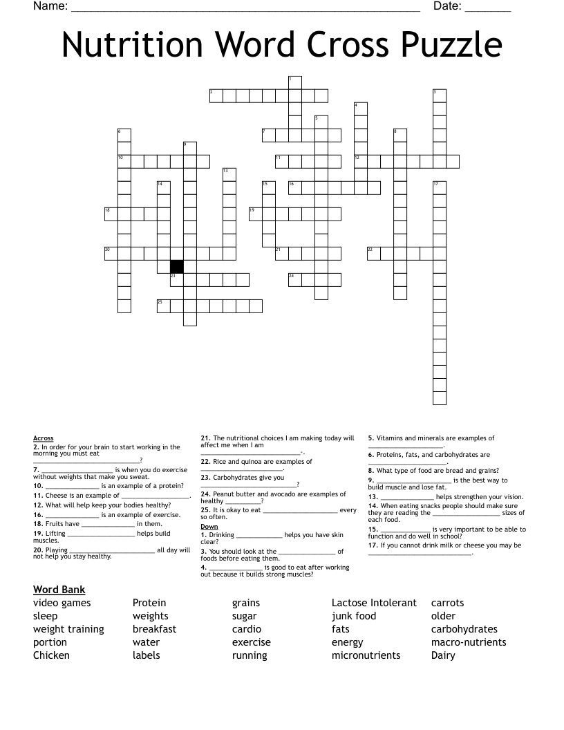Nutrition Word Cross Puzzle Crossword