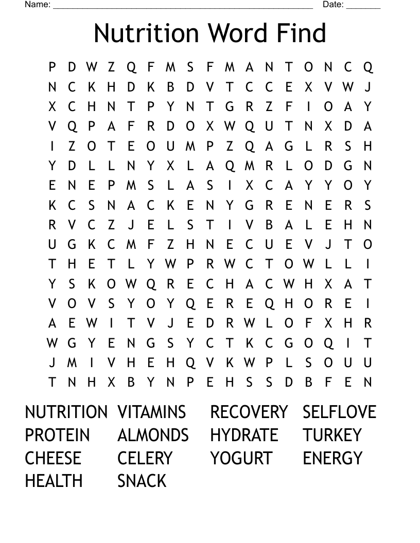 Nutrition Word Find Word Search