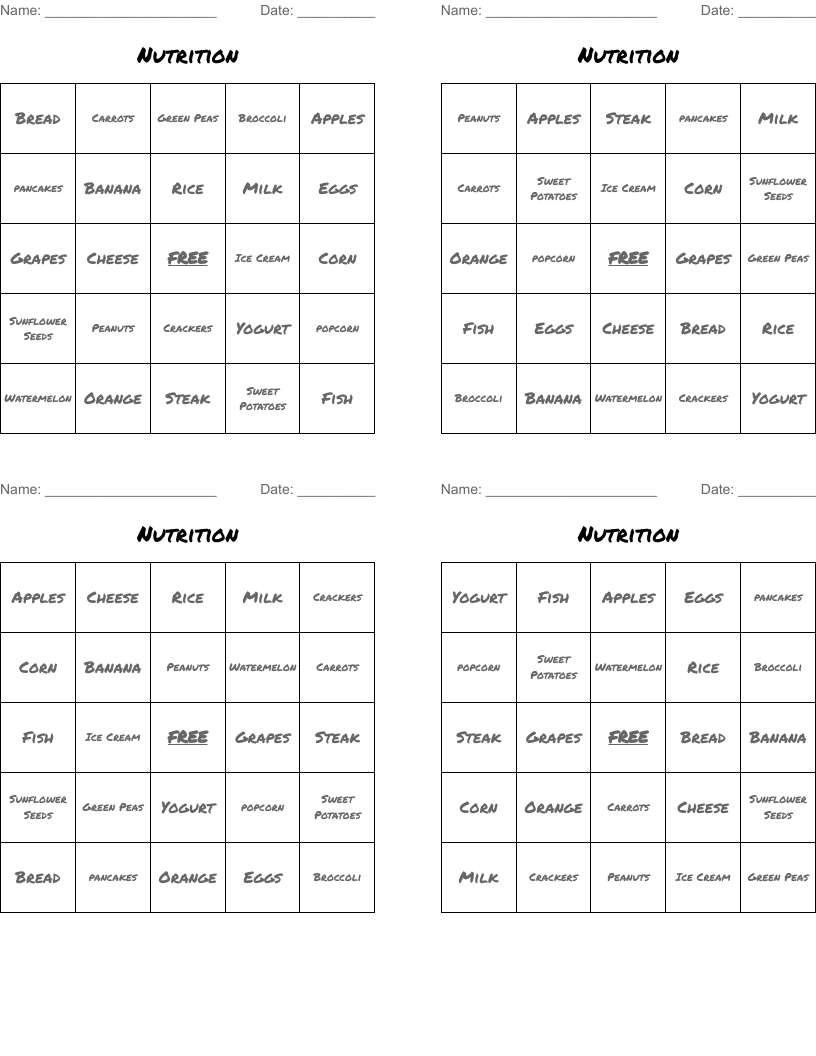 Nutrition  Bingo Cards