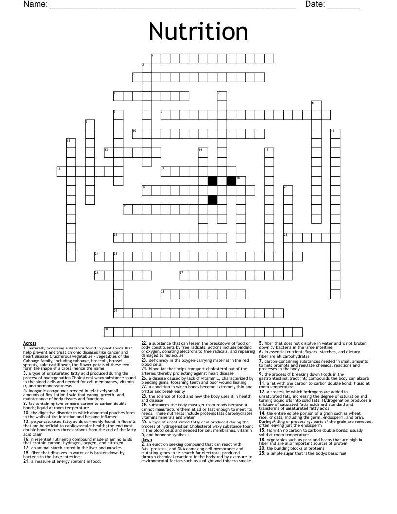 Nutrition  Crossword