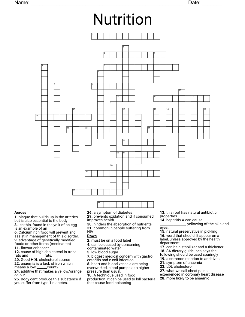 Nutrition  Crossword