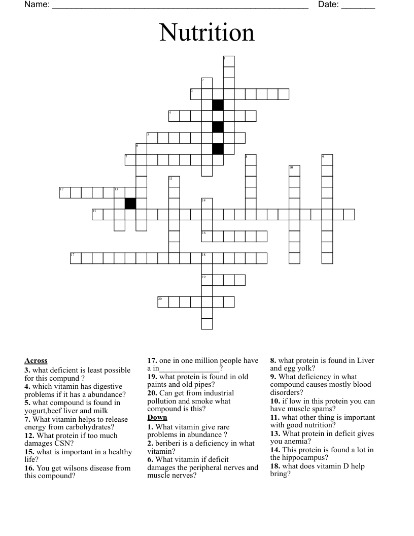 Nutrition  Crossword
