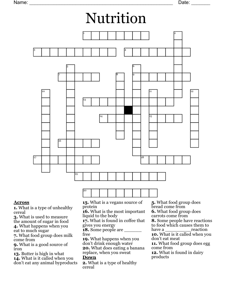 Nutrition  Crossword