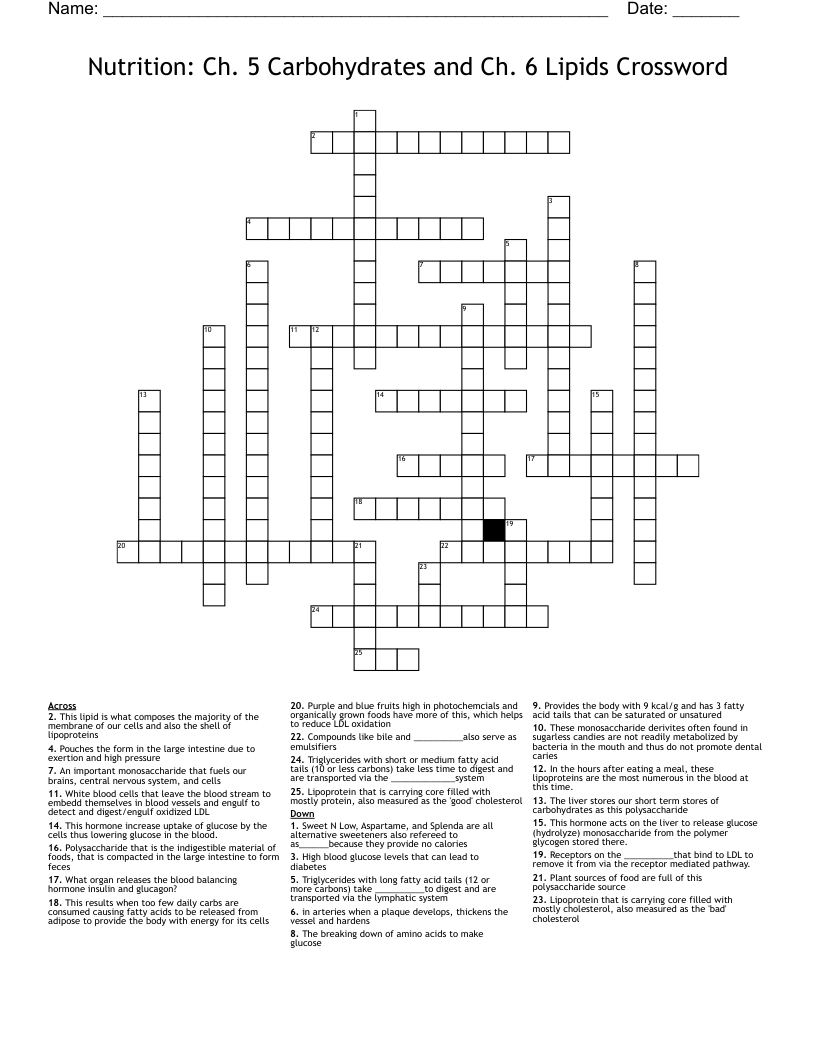 Nutrition:  Ch. 5 Carbohydrates and Ch. 6 Lipids Crossword