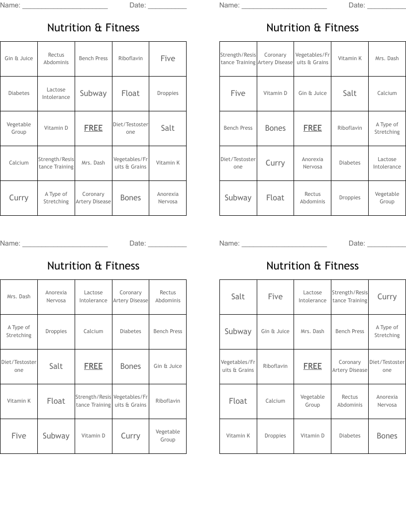 Nutrition & Fitness Bingo Cards