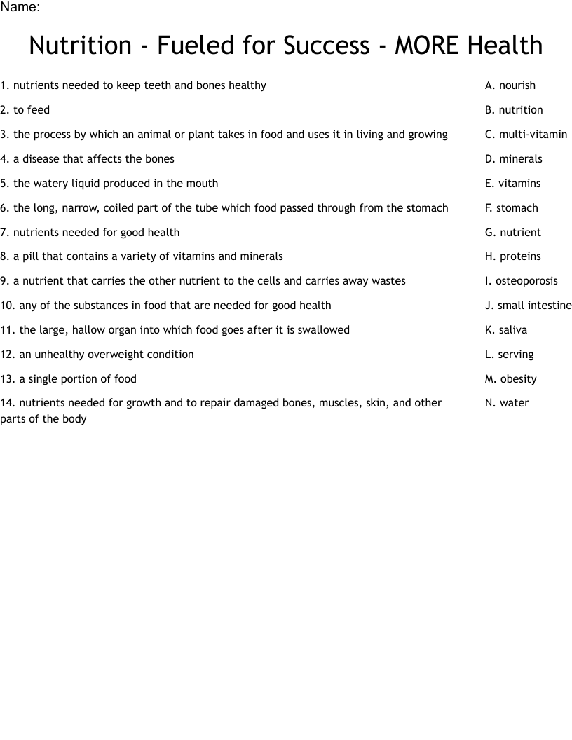 Nutrition - Fueled for Success - MORE Health Worksheet