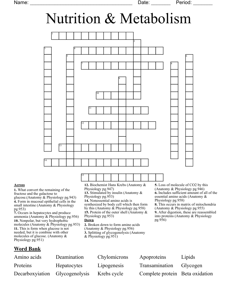 Nutrition & Metabolism Crossword