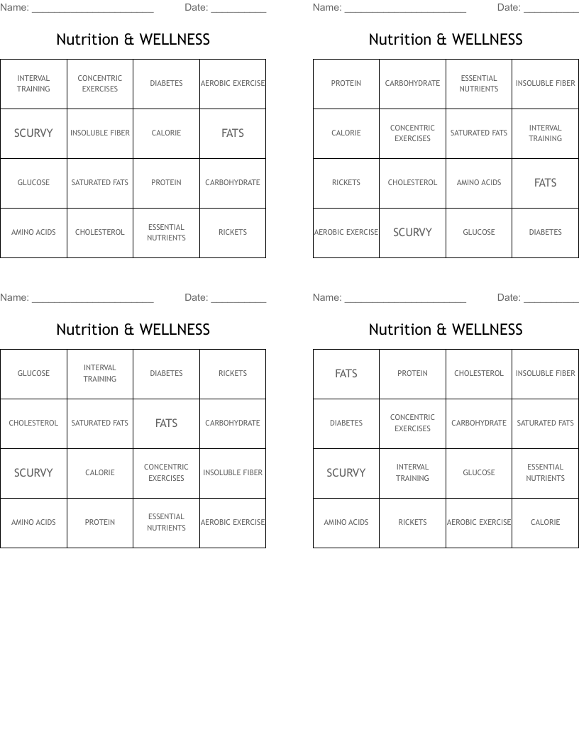 Nutrition & WELLNESS Bingo Cards