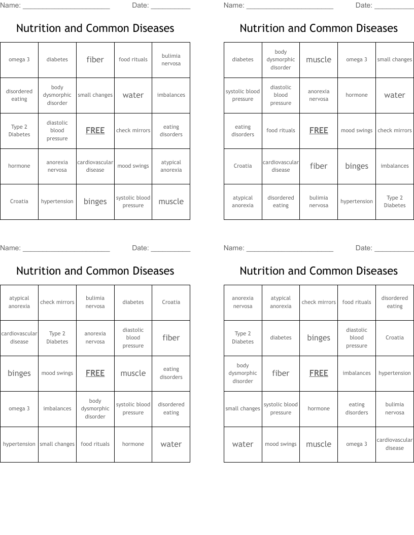Nutrition and Common Diseases Bingo Cards