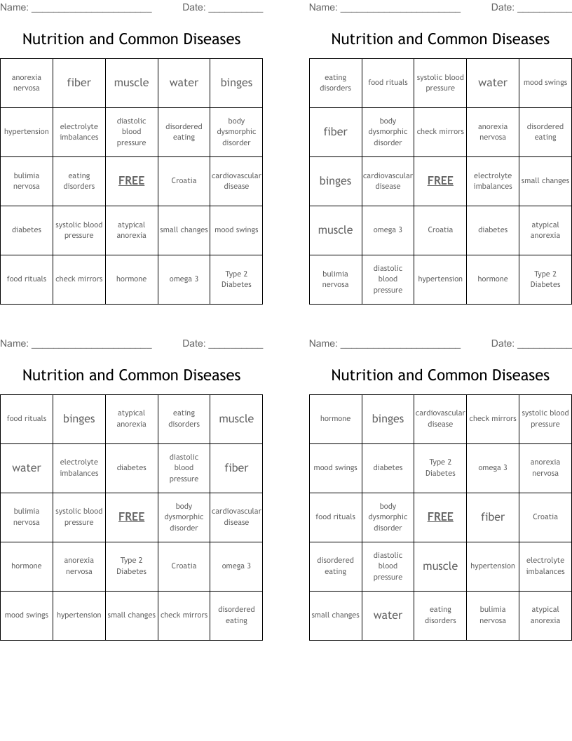 Nutrition and Common Diseases Bingo Cards