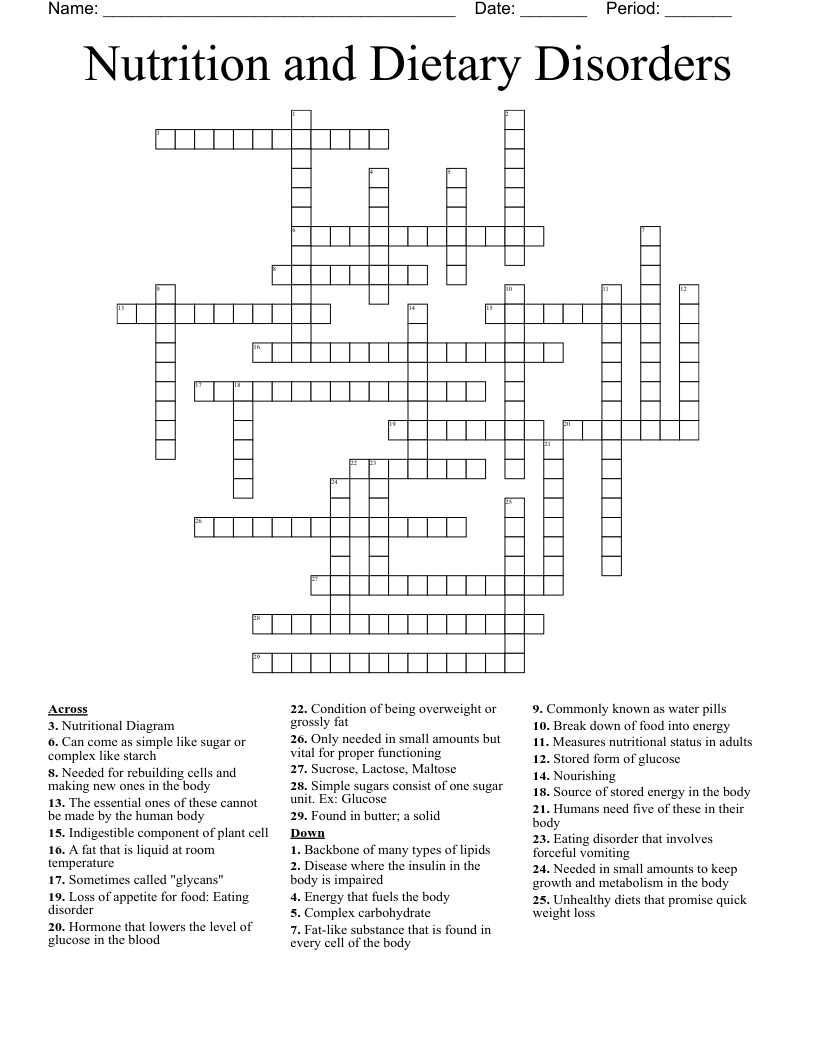 Nutrition and Dietary Disorders Crossword