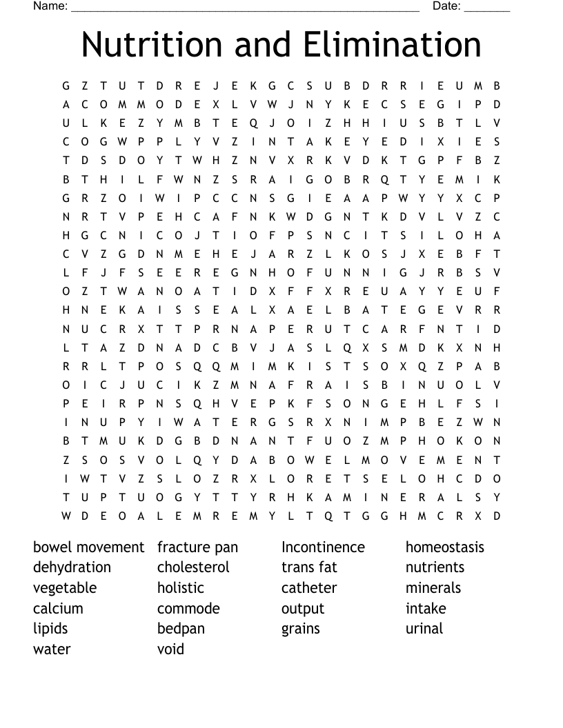 Nutrition and Elimination Word Search