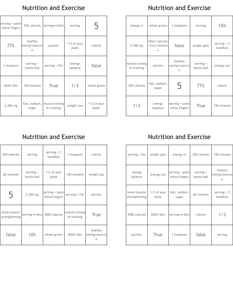 Nutrition and Exercise Bingo Cards