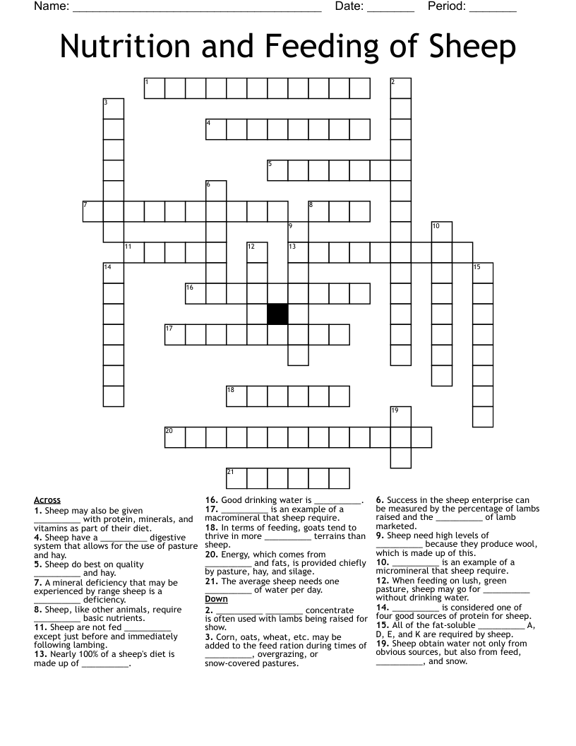 Nutrition and Feeding of Sheep Crossword