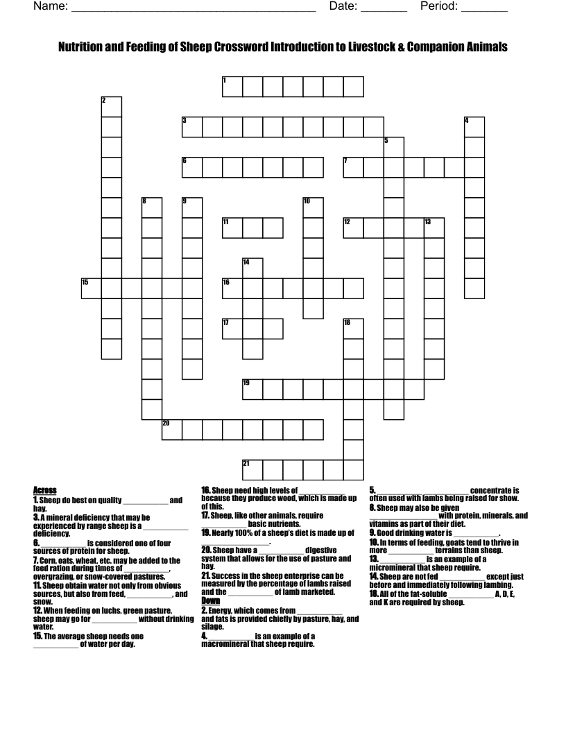Nutrition and Feeding of Sheep Crossword Introduction to Livestock & Companion Animals