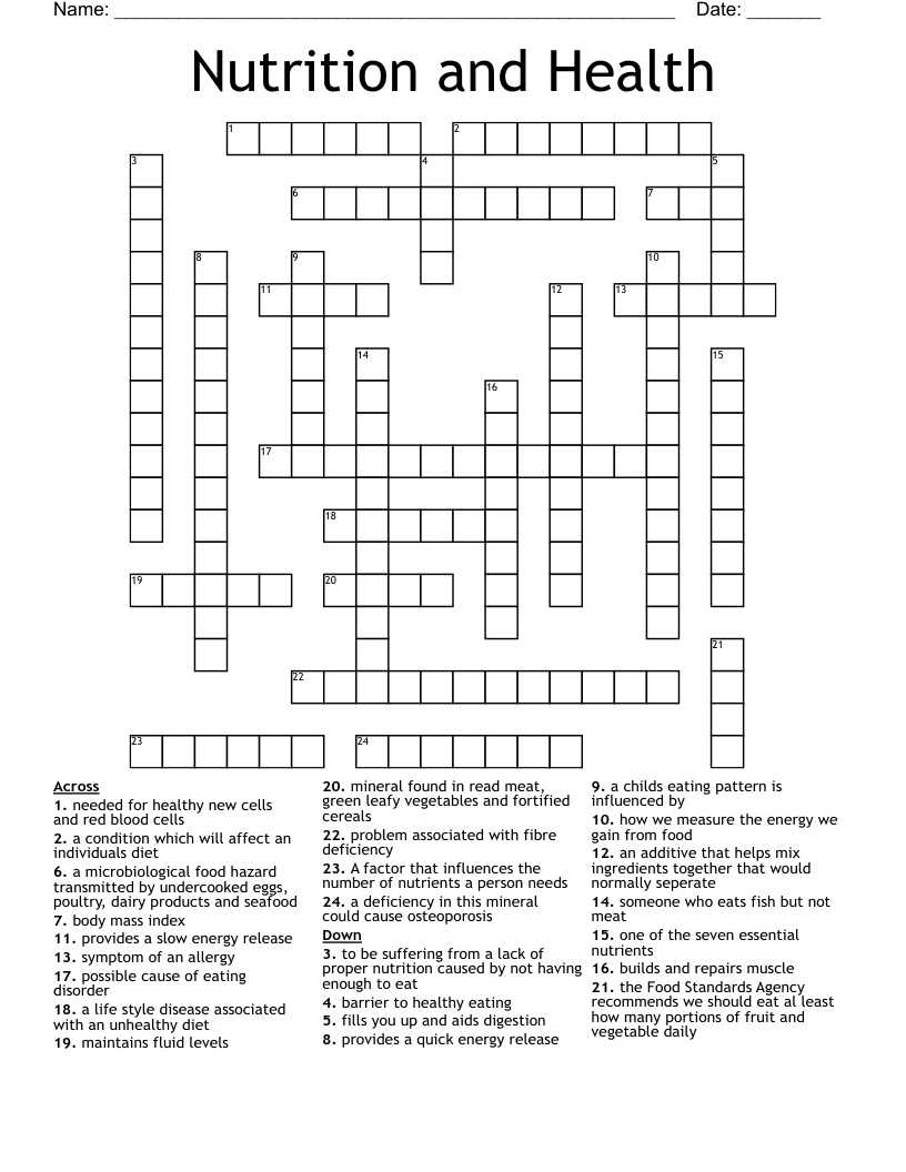 Nutrition and Health Crossword