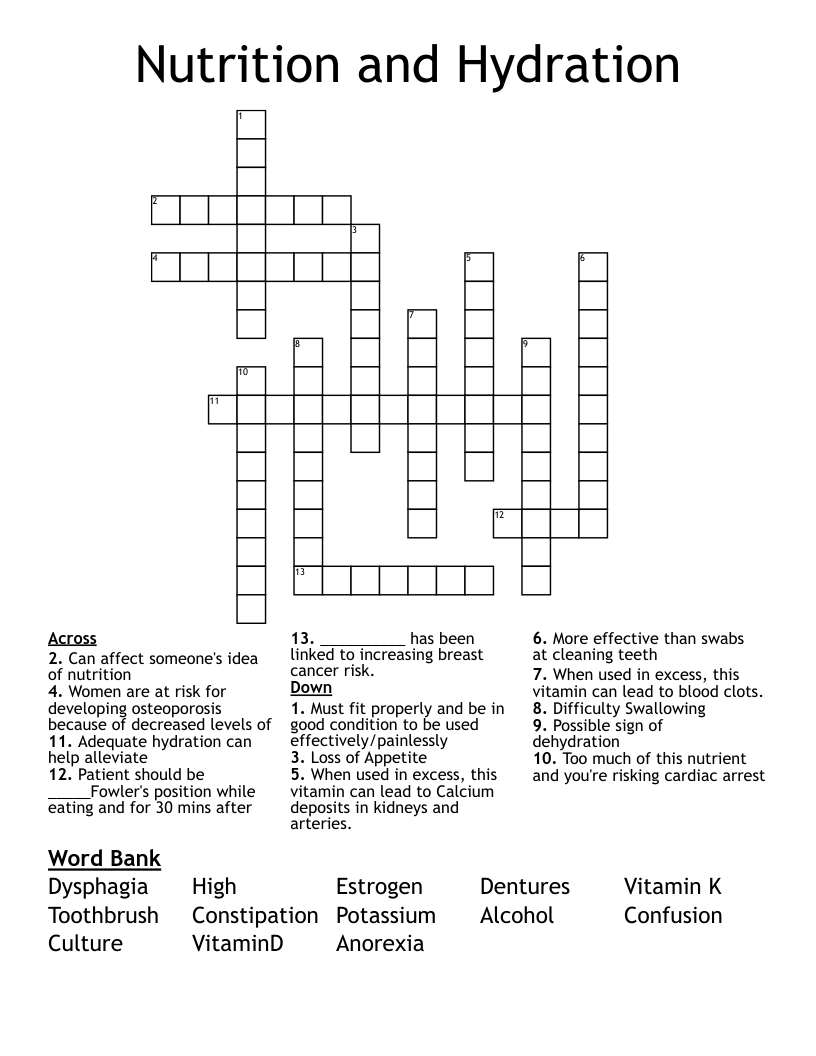 Nutrition and Hydration Crossword