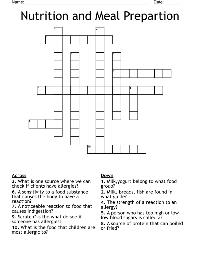 Nutrition and Meal Prepartion Crossword