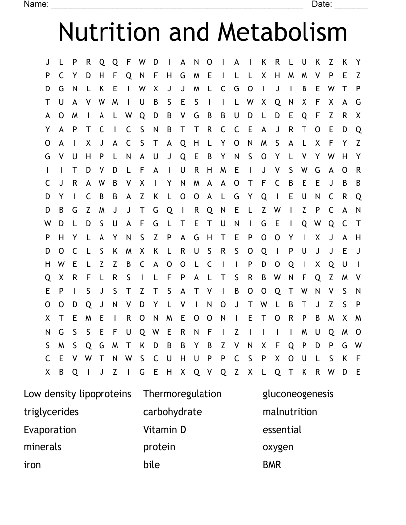 Nutrition and Metabolism Word Search