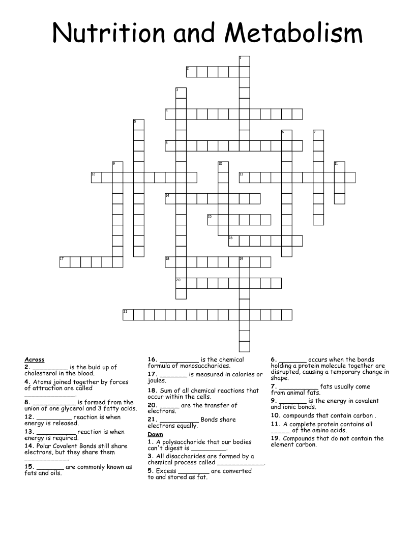 Nutrition and Metabolism Crossword