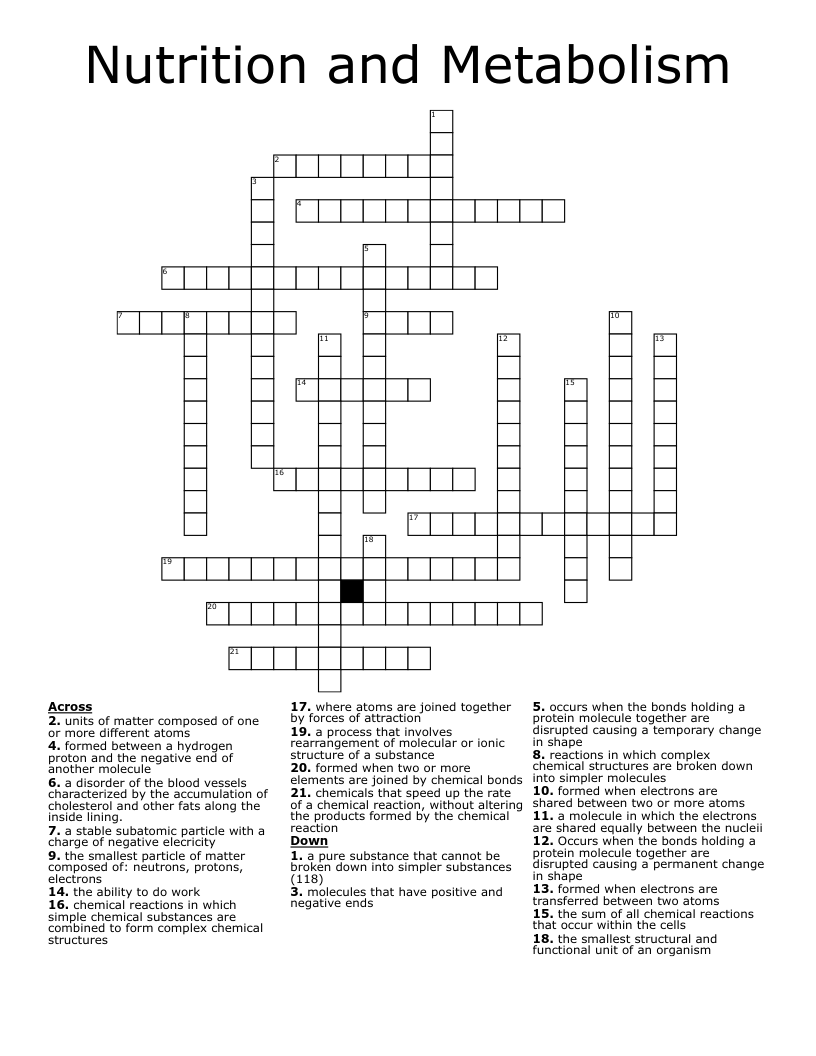 Nutrition and Metabolism Crossword