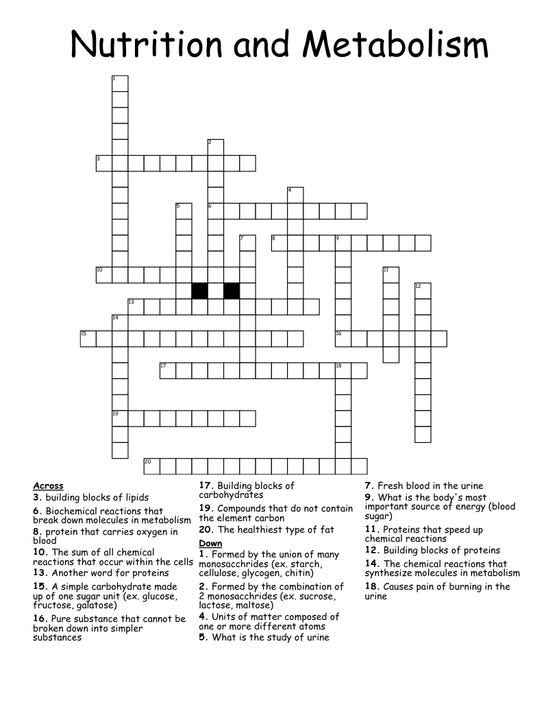 Nutrition and Metabolism Crossword