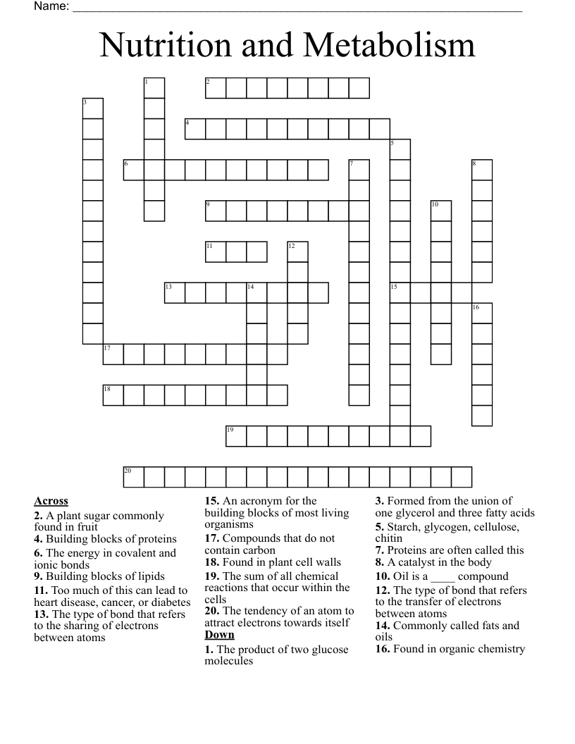 Nutrition and Metabolism Crossword