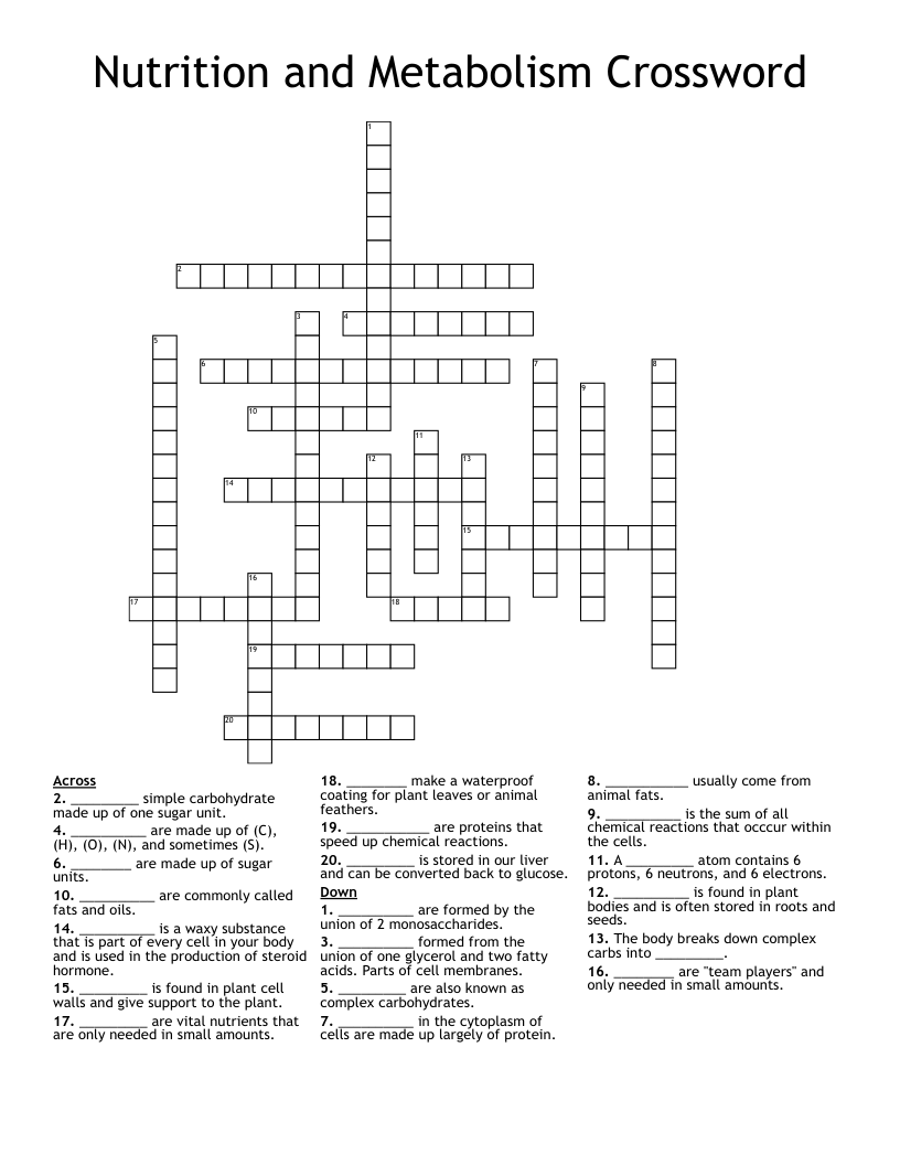 Nutrition and Metabolism Crossword