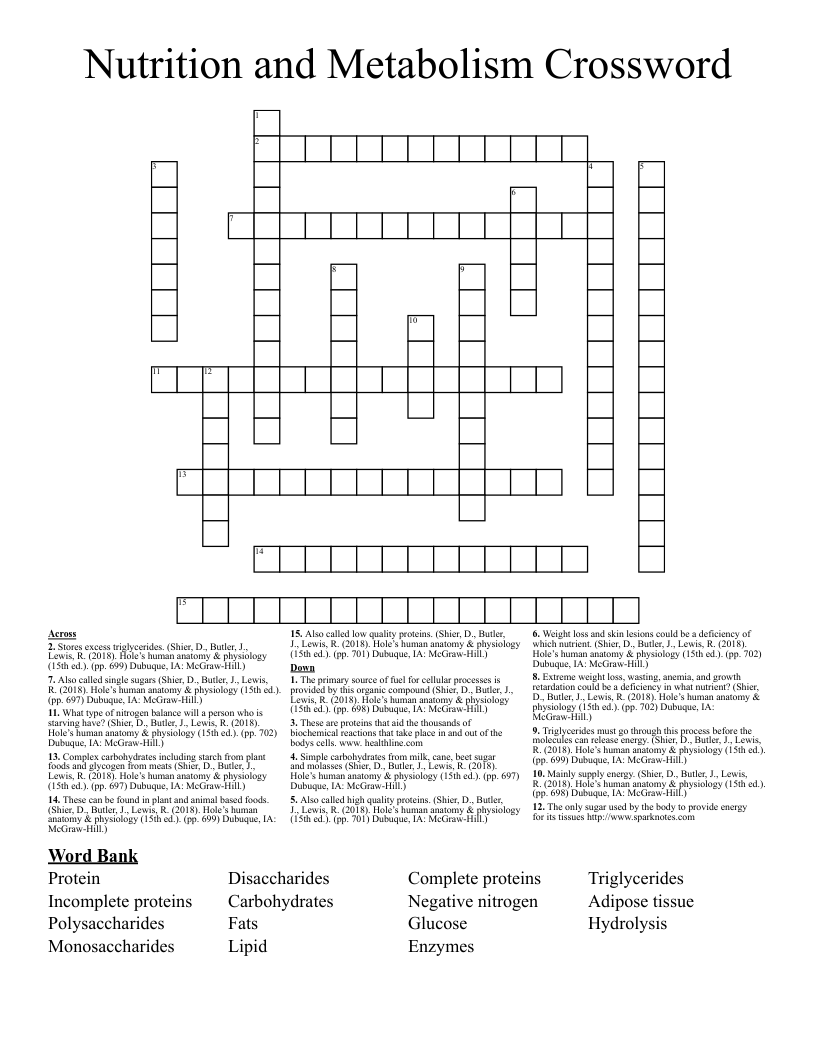 Nutrition and Metabolism Crossword