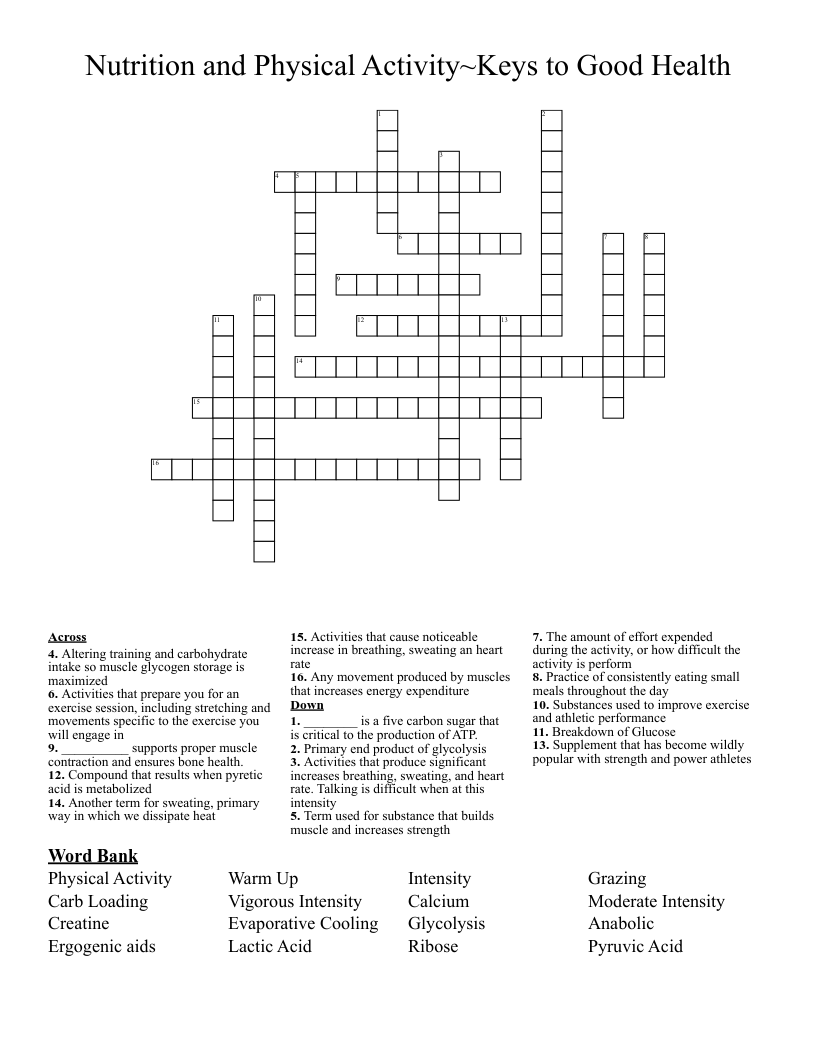 Nutrition and Physical Activity~Keys to Good Health Crossword