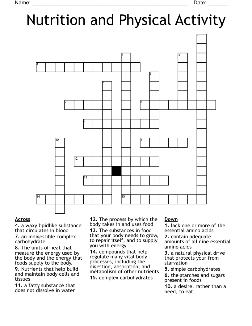 Nutrition and Physical Activity Crossword