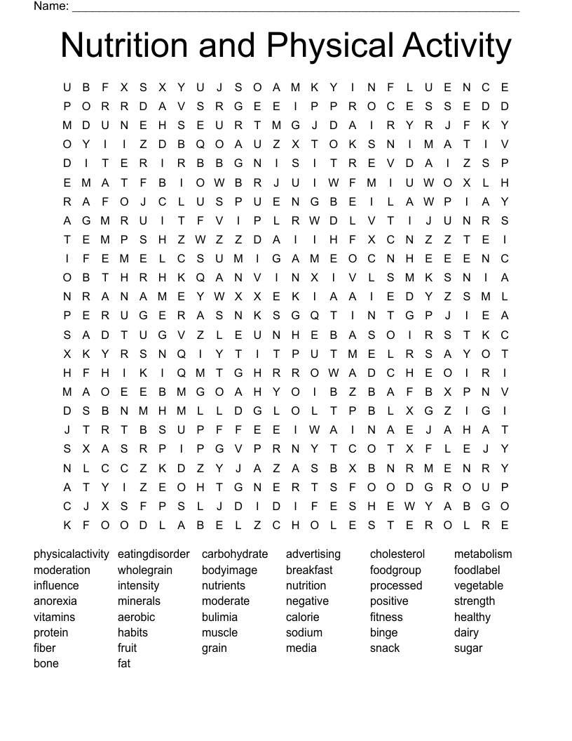 Nutrition and Physical Activity Word Search