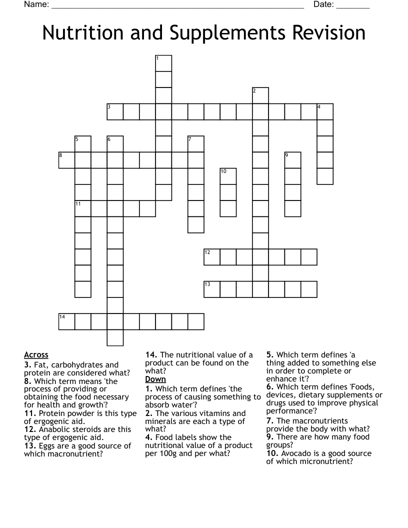 Nutrition and Supplements Revision Crossword
