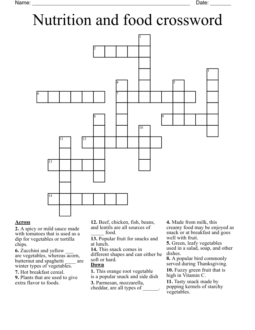 Nutrition and food crossword