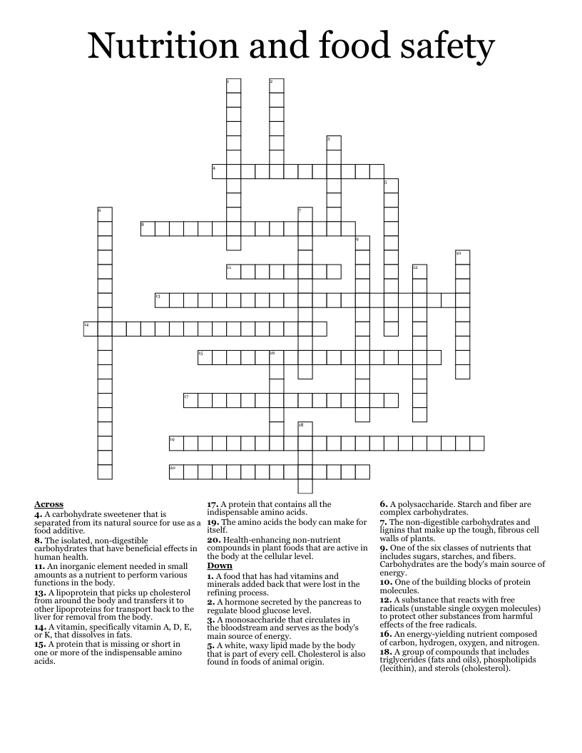 Nutrition and food safety  Crossword