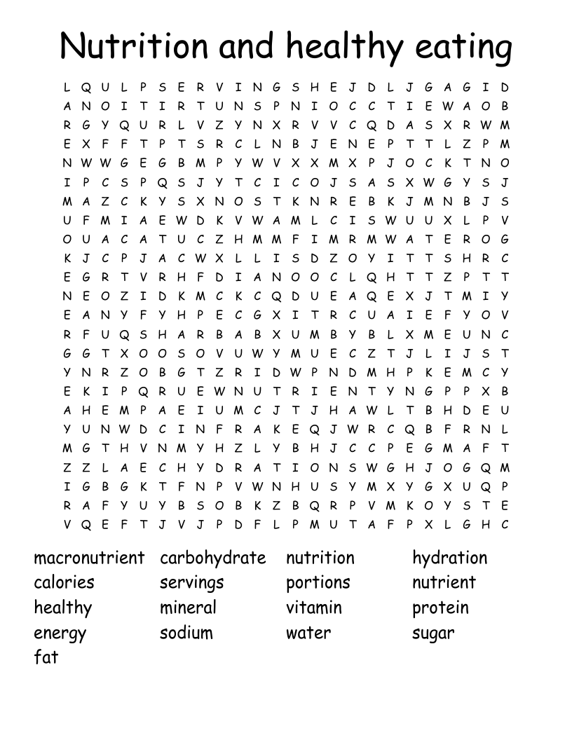Nutrition and healthy eating Word Search