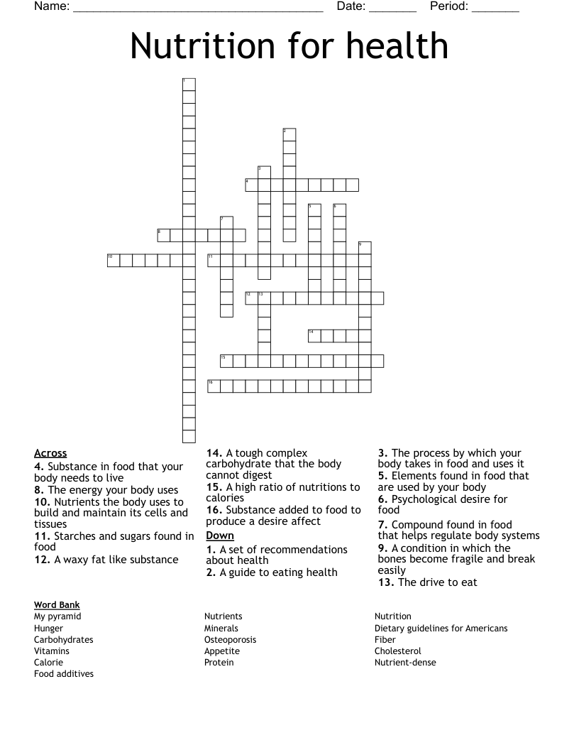 Nutrition for health Crossword