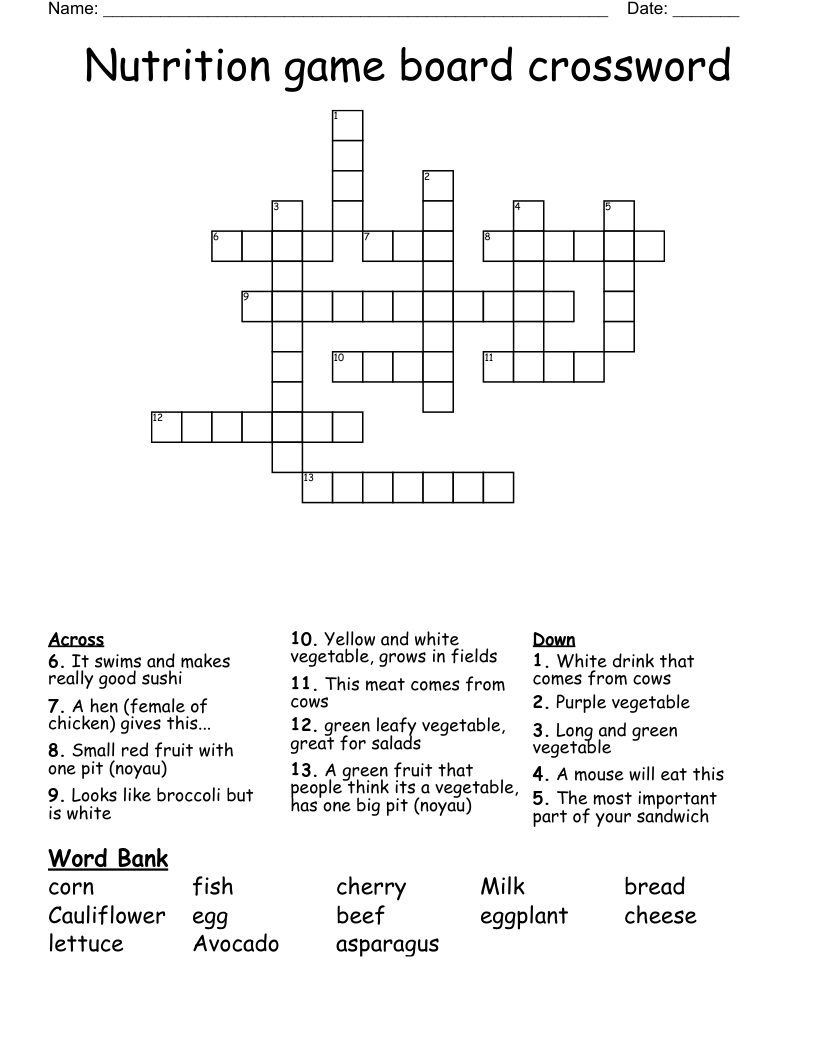 Nutrition game board crossword