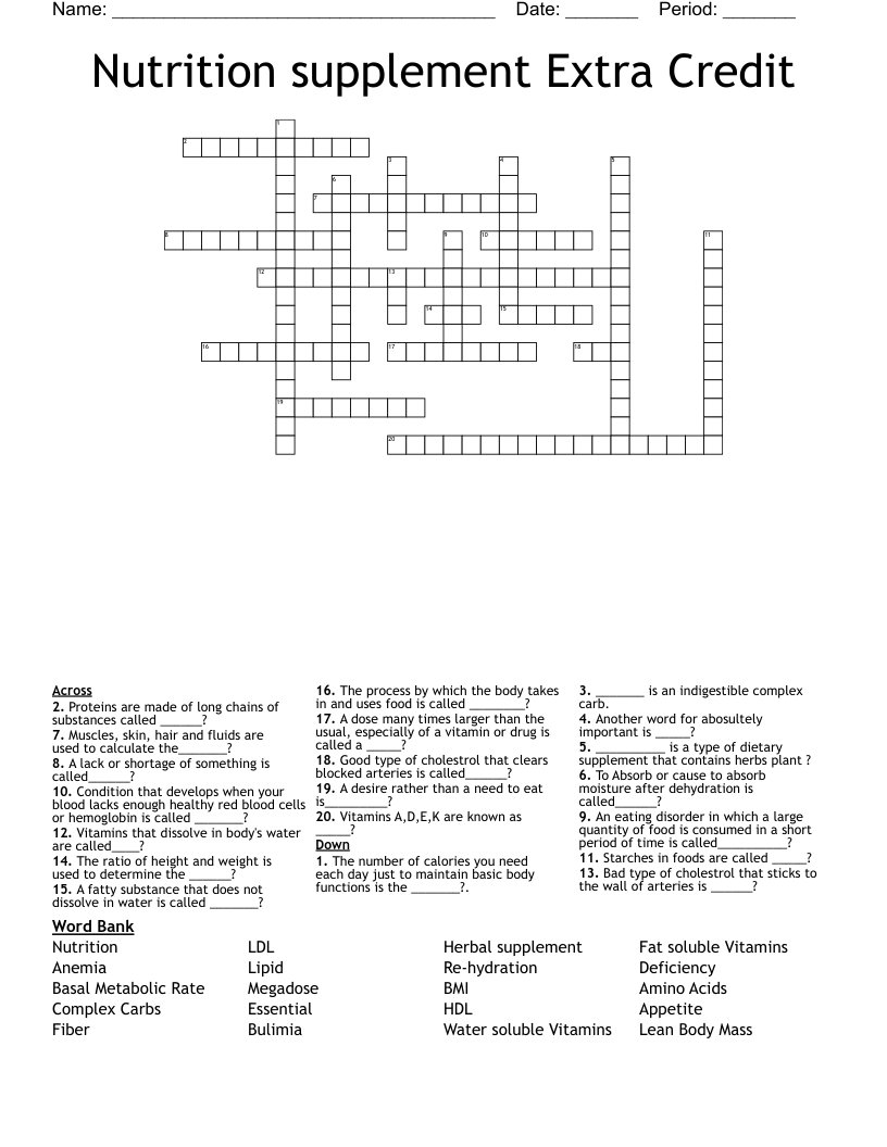 Nutrition supplement Extra Credit Crossword