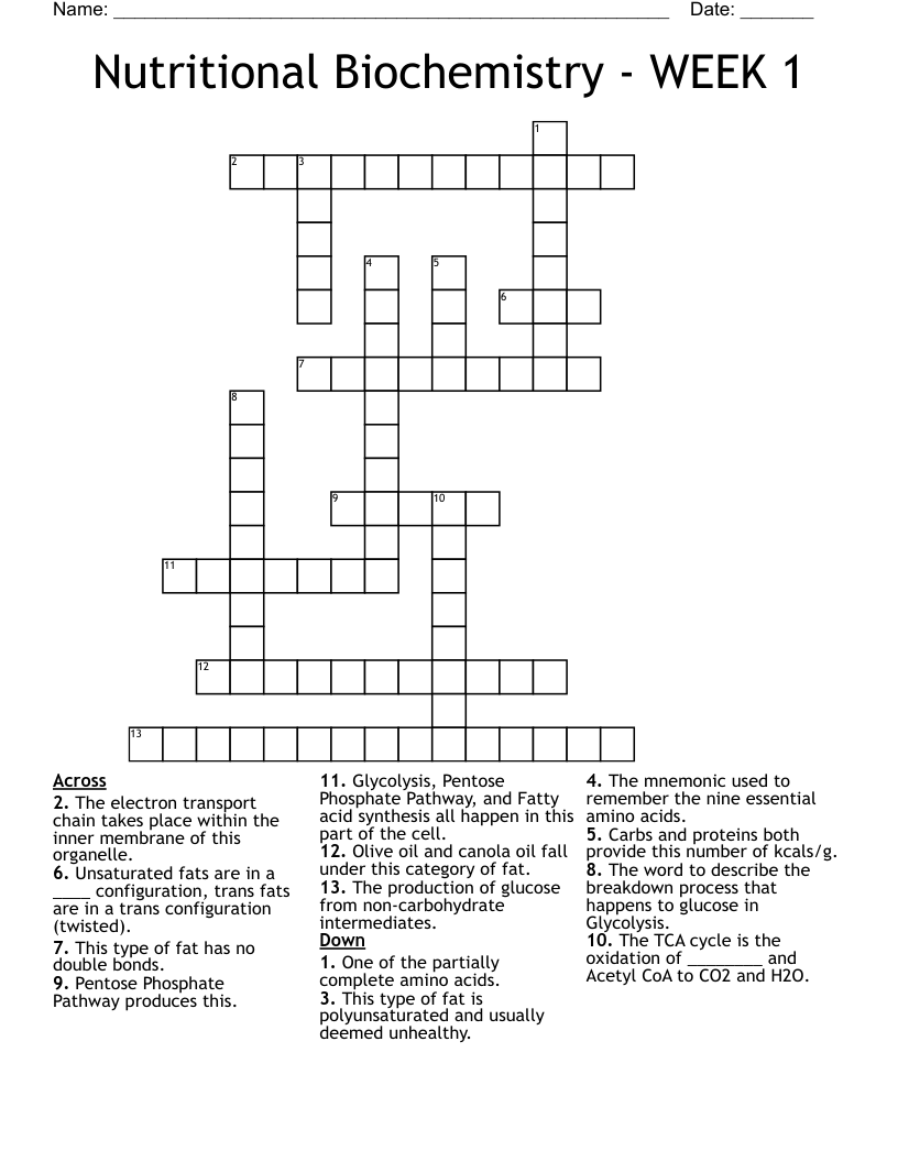 Nutritional Biochemistry - WEEK 1 Crossword