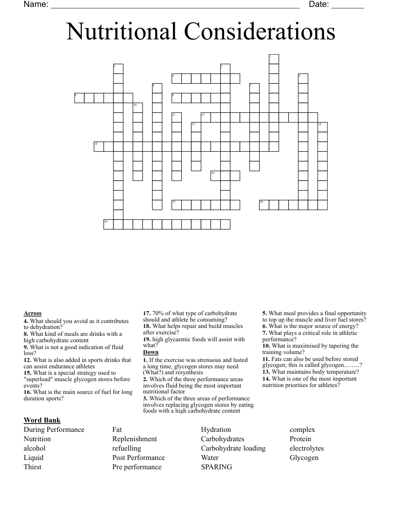 Nutritional Considerations Crossword
