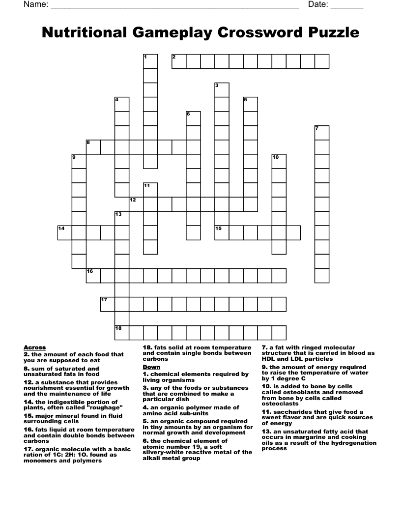 Nutritional Gameplay Crossword Puzzle