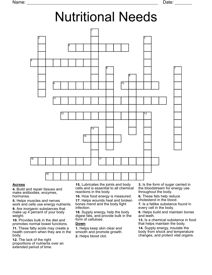 Nutritional Needs Crossword