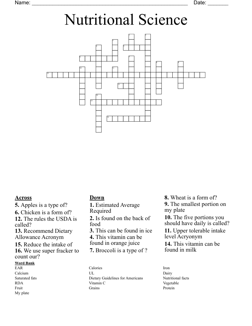 Nutritional Science Crossword